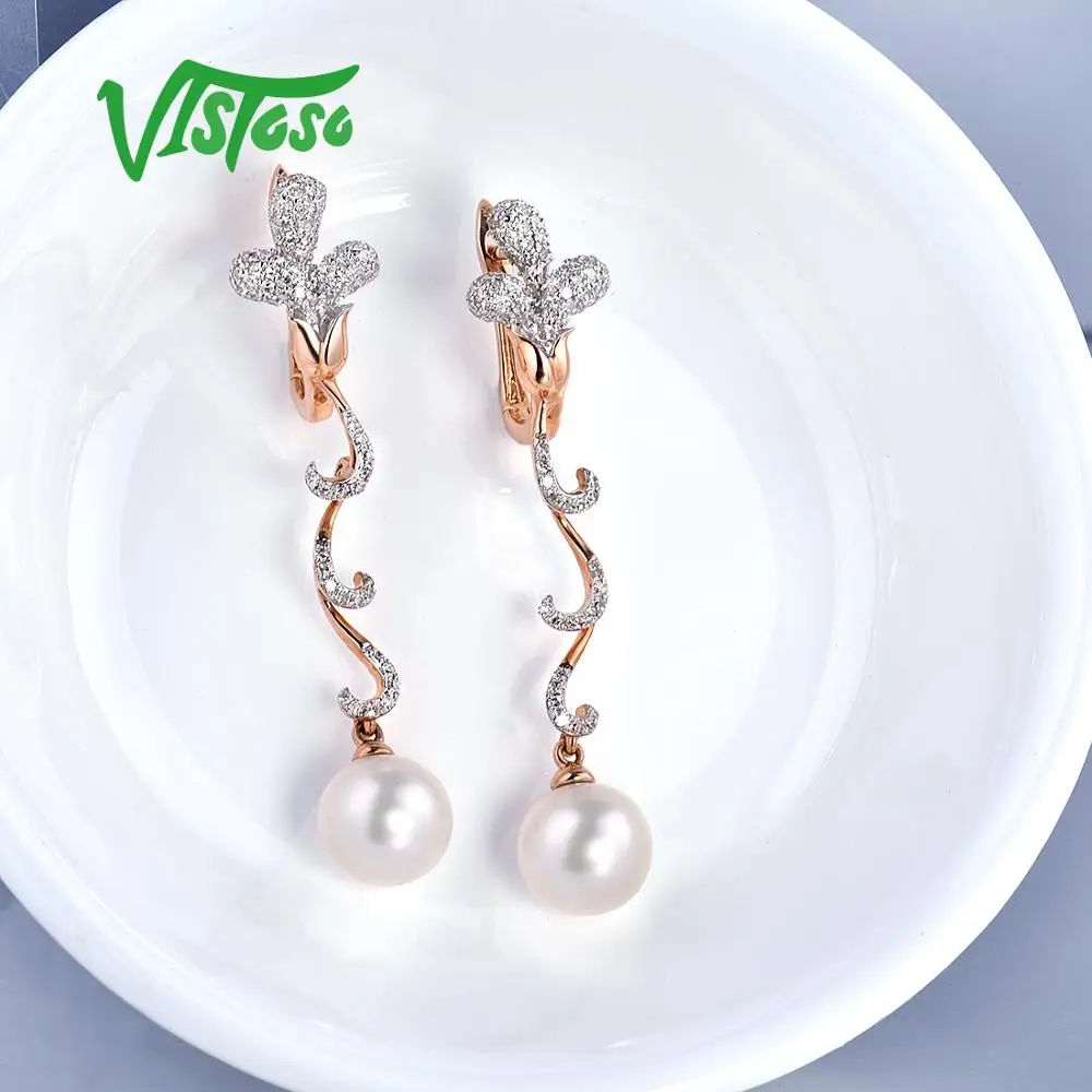 VISTOSO Pure 14K 585 розовое золото сверкающие бриллианты элегантные пресноводные жемчужные серьги для женщин уникальные модные свадебные ювелирные изделия
