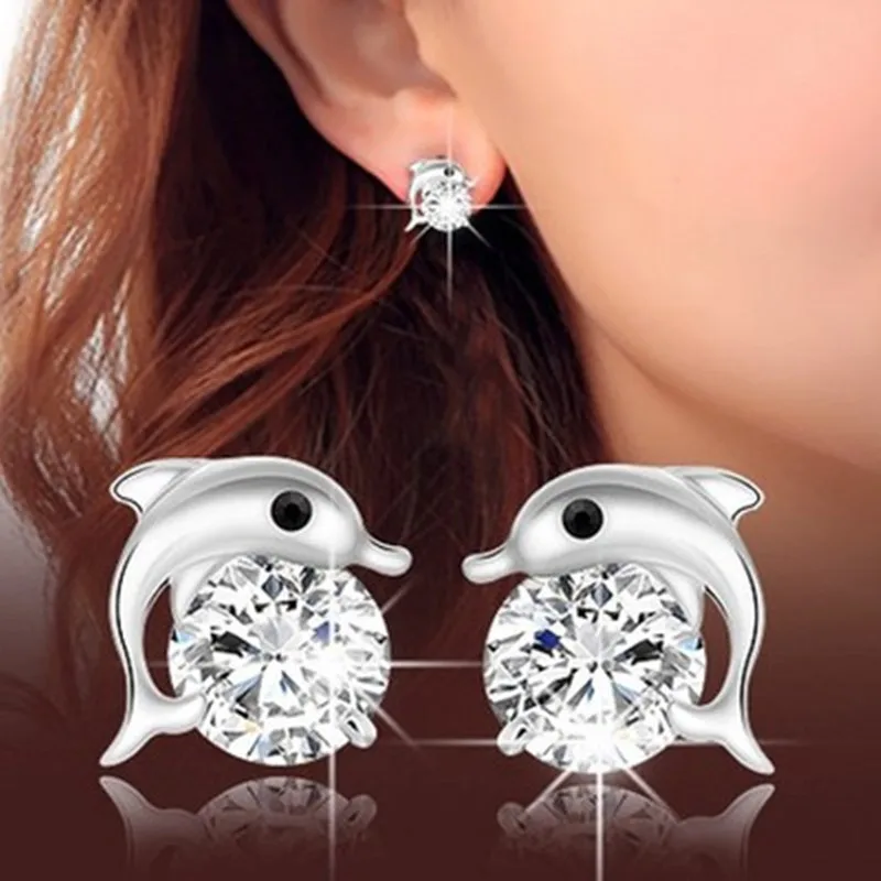 

New Arrival Fashion 925 Silver Zircon Crystal Dolphin Silver Plated Studs Earrings Charm Jewelry Valentine's Gifts