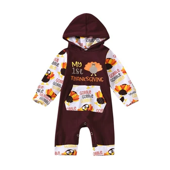 

Newborn Infant Thanksgiving Clothing Baby Boys Girls My 1st Thanksgiving Day Turkey Print Hooded JumpsuitS For Toddler Kids Hot