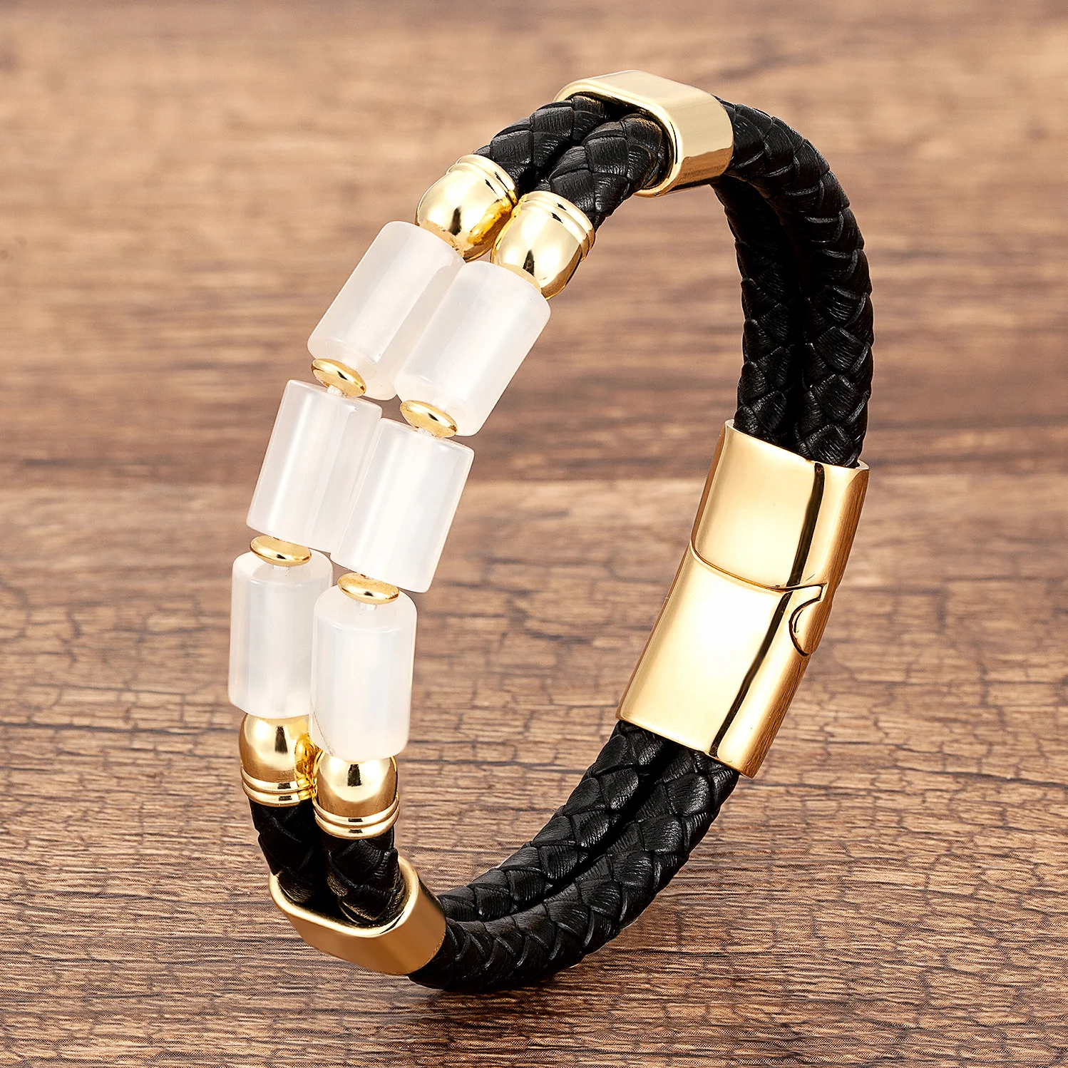 Luxury Double Row Stone Bracelets & Bangles Women Natural Beaded Bracelet Stainless Steel Clasp Multilayer Leather Men’s Jewelry