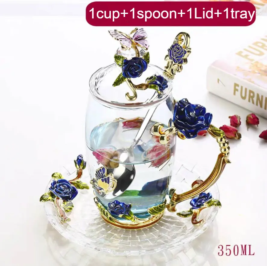 1cupspoon1lid1saucer Красная роза, эмалированное стекло, кофейные кружки чашки для чая и кружки, ручной работы, термостойкие стаканы, стакан для воды, посуда для напитков, подарок для влюбленных, свадебная чашка - Цвет: 1cupspoon1lid1saucer