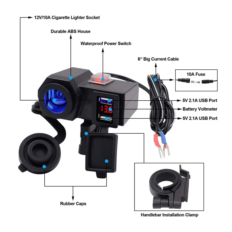 Водонепроницаемый мотоцикла 12В гнездо для автомобильного прикуривателя, 5V 2.1A Dual USB кабель для мобильного телефона для Мощность адаптер с Батарея вольтметр