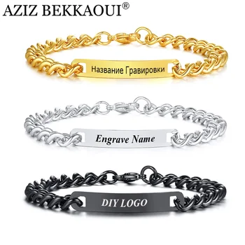 

AZIZ BEKKAOUI DIY Engraving Couple Bracelets For Women Men DIY Letter Chain Link Stainless Steel Bracelets Lover Bracelet