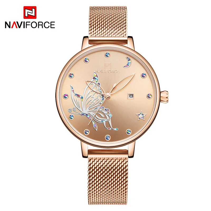 S-Rose Gold NAVIFORCE женские кварцевые часы с ремешком из нержавеющей стали, водонепроницаемые женские часы, женские тонкие вечерние часы, женские часы - Цвет: S-Rose Gold