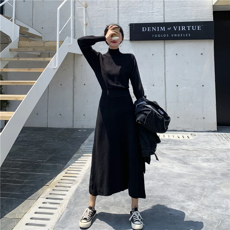 

Turtleneck Korean Dress Women Autumn Winter Basic Midi Knitted Dress Long Sleeve A Line Slim Solid Color High Waist Robe Black