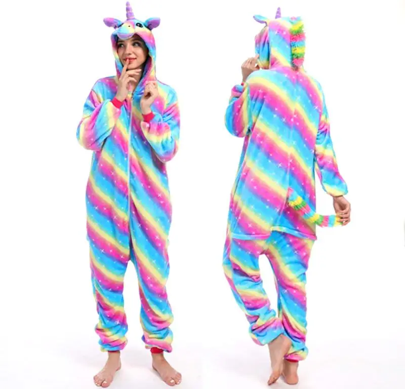 Women Unicorn Pajamas Sets Kigurumi Flannel Animal Pajamas Kids Women Winter Nightie Hooded Pyjamas Sleepwear Cartoon Homewear - Цвет: Blue Rainbow TianMa