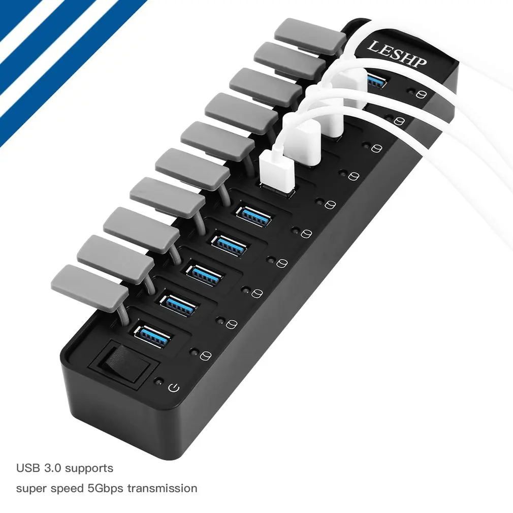 10 портов USB 3,0 концентратор Высокоскоростной 5 Гбит/с USB 3,0 концентратор данных разветвитель с светодиодный и переключатель внешний адаптер питания для ПК ноутбука США штекер