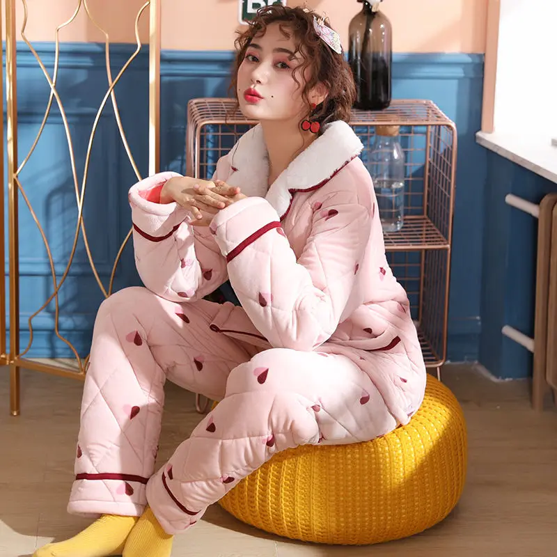 

2 Piece/lot Winter 2020 Women Pajamas Set Sweet Thick Flannel Long Homewear Sleep Lounge Velvet Pajama Female Pyjama