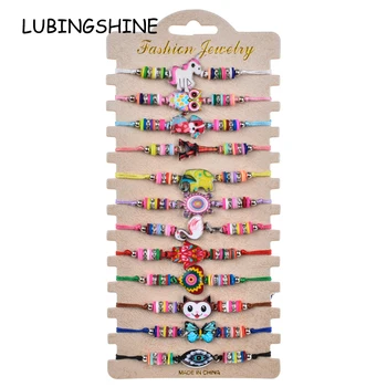 

12pcs/lot Women Enamel Owl Butterfly Unicorn Charms Yoga Bracelet Set Child Braided Adjustable Knot Rope Chain Wristband Jewelry