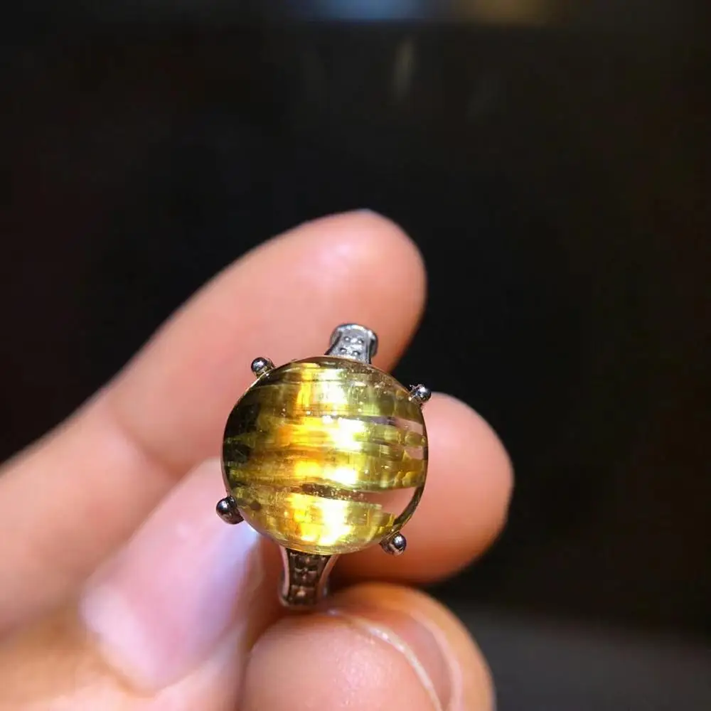 

Natural Gold Rutilated Quartz Women Men Adjustable Ring 12x11mm 925 Silver Yellow OVal Beads AAAAA Certificate