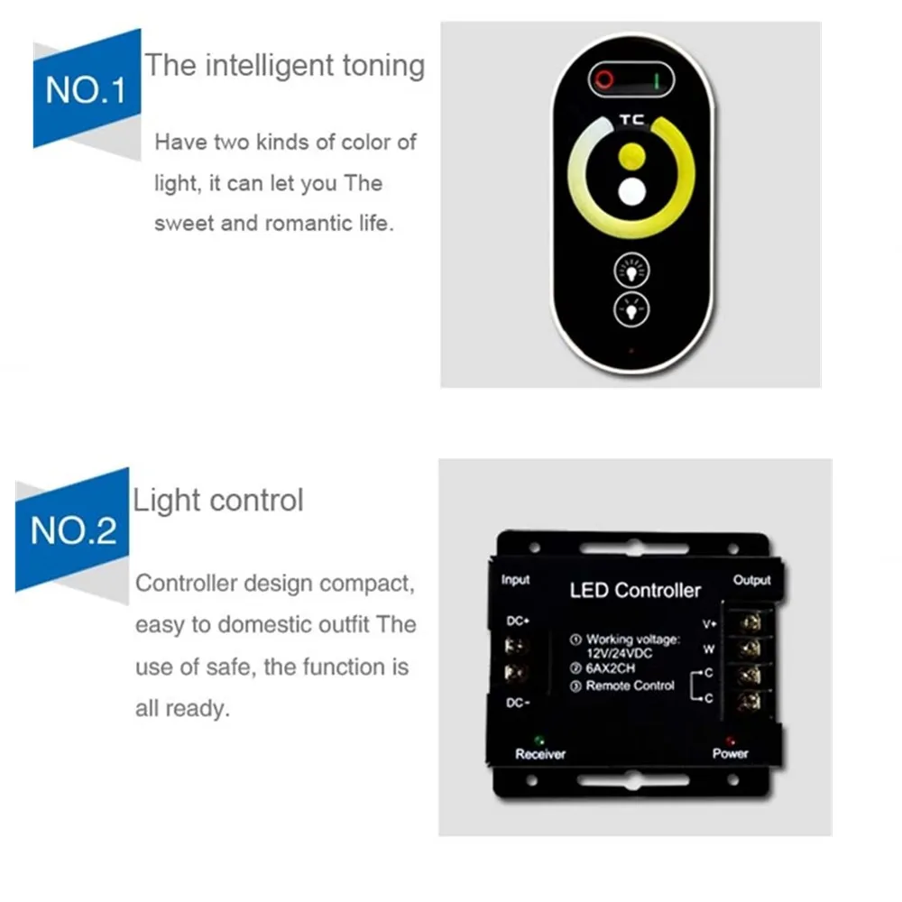 DC12-24V 6A 2CH LED RF Touch Dimmer Remote Controller for Single Color Strip Light