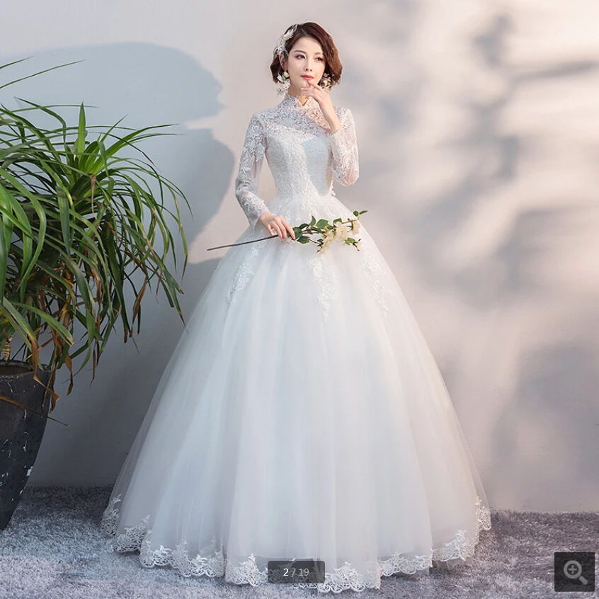 Robe de Mariage белые кружевные аппликации бальное платье свадебное платье высокий вырез с длинным рукавом корсет скромные платья невесты Лидер