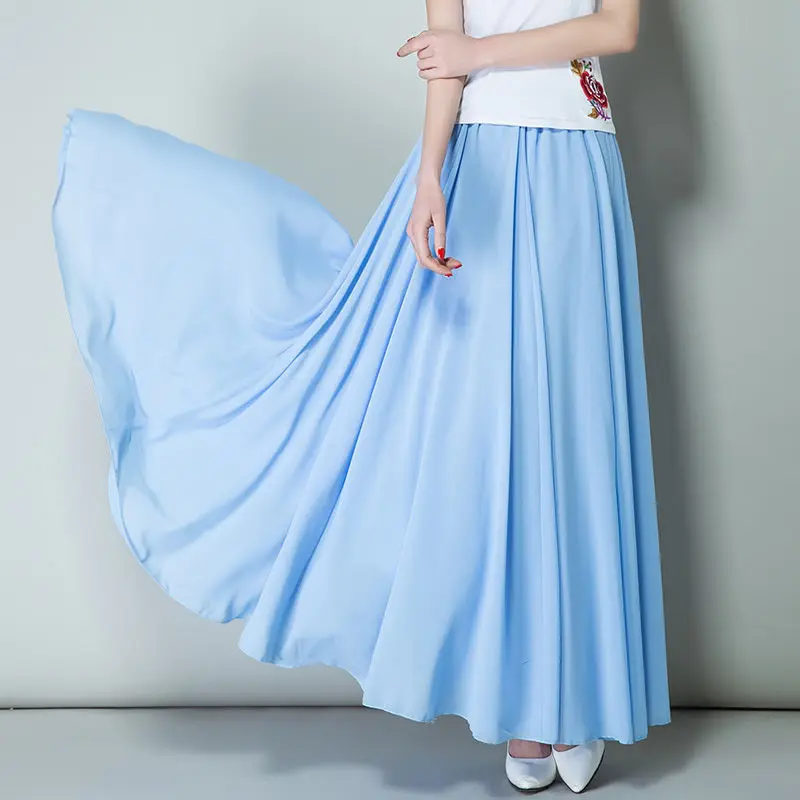 New Summer Chiffon Skirts Plus Size Full-Length Skirt High Waist Elegant Dance Skirt Pink Black Red Navy Blue White Long Skirts leather skirt