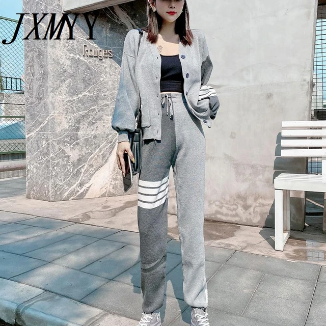 JXMYY Tracksuit Women Leopard Knit Zip Cardigan Tops+Pants Suit 2pcs Sets Long Sleeve Jacket Coat Woman