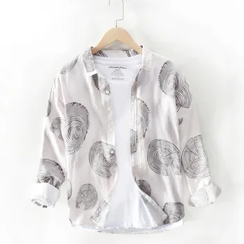 

2020 Spring Shirts Men Turn-down Collar Slim Fit 100%Linen Fashion Print Shirt Male Plus Size Brand Clothing Y2538