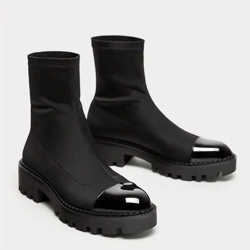 

Chunky Heel Platform Boots Women Slim Stretch Fabric Sock Boots Platform Ankle Boots for Women Brand Designer Winter Shoes Woman