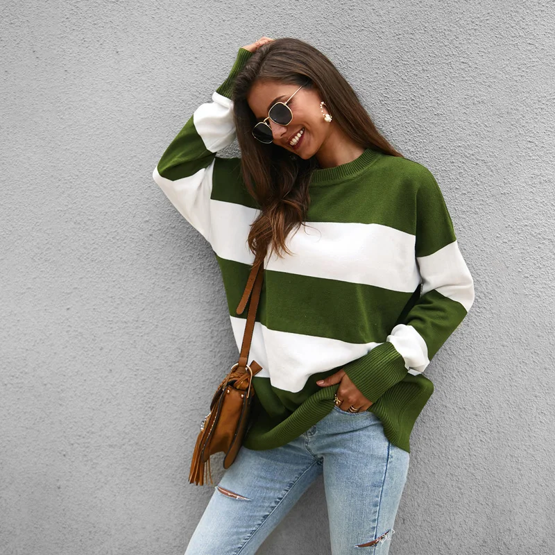 

Women Tops Sweater Pullover Autumn New 2019 Long Sleeve Stripe Splice Two-Color Fashion Ladies Tops Sweater Pullover