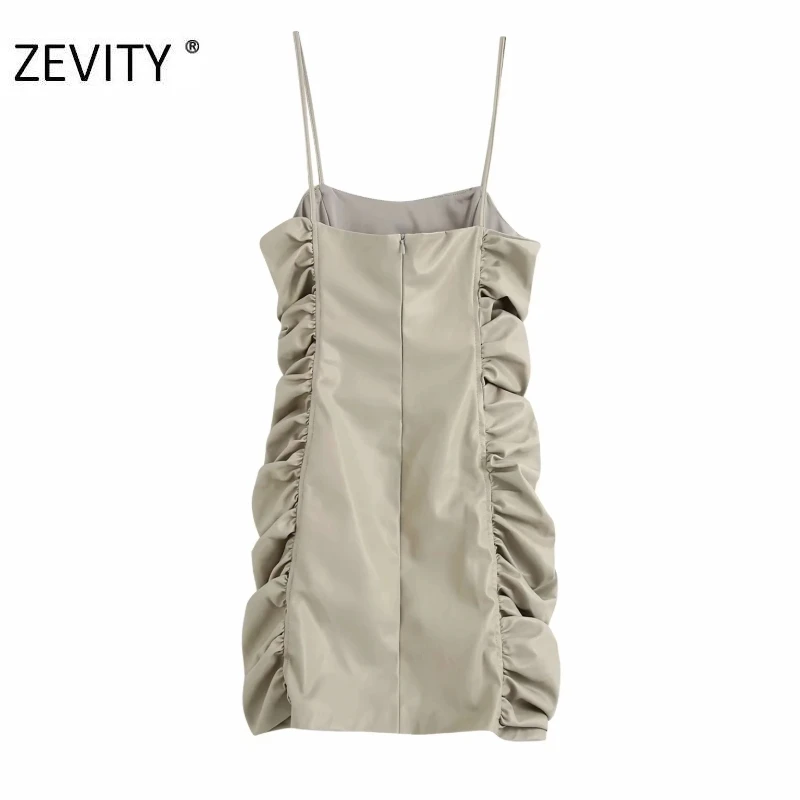 ZEVITY New women sexy spaghetti strap pleated PU leather dress female back zipper slim sling vestido chic brand dresses DS4419