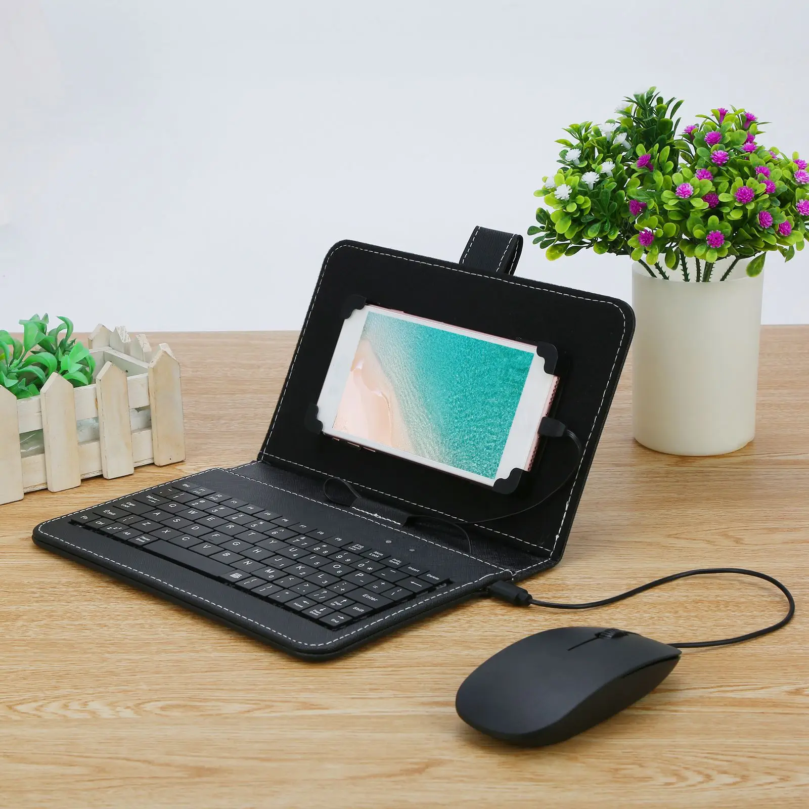 Portable TypeC Wired Keyboard Mouse Set With Leather Cove For Mobile