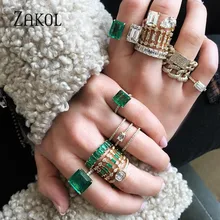 ZAKOL Eternity Luxury Green Stackable Chic Rings for Women Wedding Cubic Zircon Engagement Dubai Statement Finger Jewelry RP2134