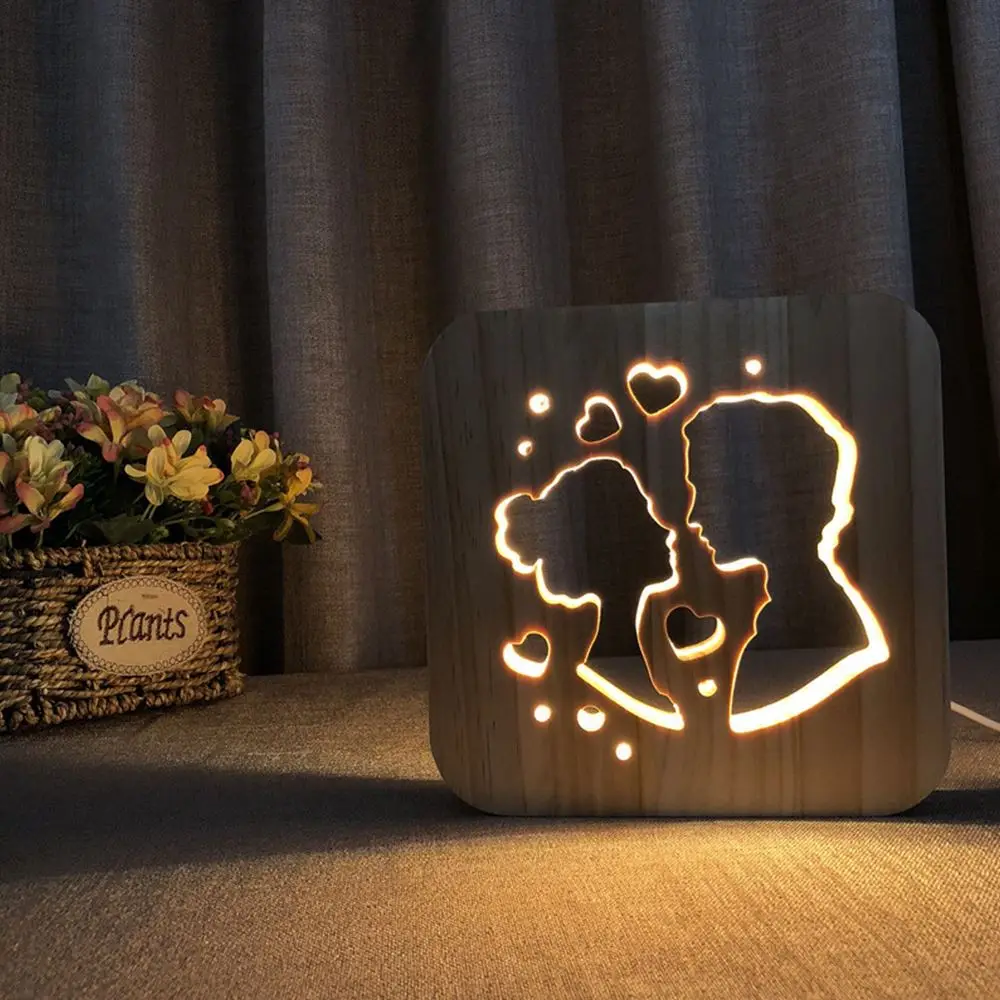 

Wooden 3d Night Light, Kiss Valentine'S Day Shape Solid Wood Hollow Carving, Warm White Light In Living Room And Bedroom 5V 2.5W