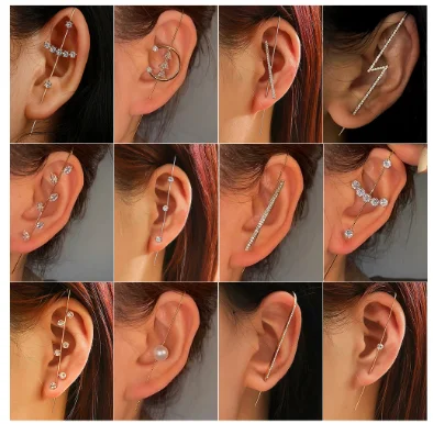 New cool wind inlaid diamond earring simple personality piercing female lightning leaves auricle-type diagonal | Украшения и
