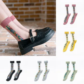 

CHAMSGEND Women Summer Socks Hemp Pattern Glass Silk Female Socks Retro Card Silk Small Floral Elastic Femme Sock High Quality
