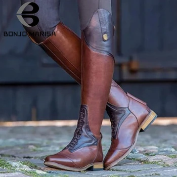 

BONJOMARISA Retro Girl Fashion Brand Round Toe Mid Calf Low Heel Designer Buckle Boots Women 2020 Spring Shoes Woman