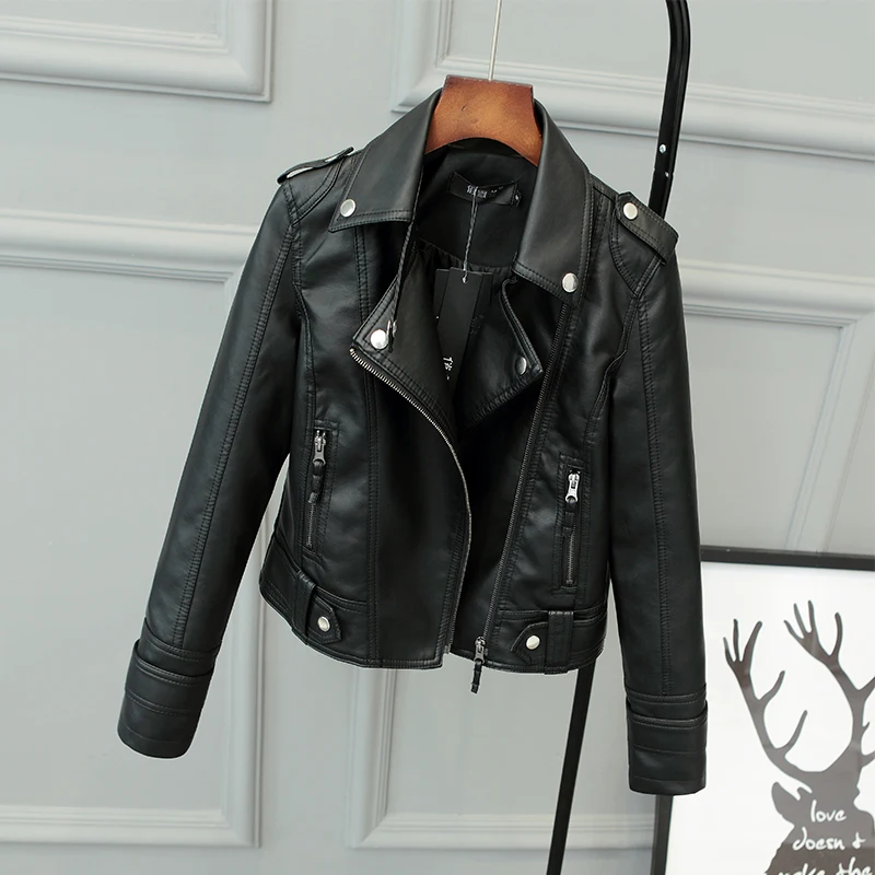 

New Spring Autumn Women Short Faux PU Jacket Slim Fashion Punk Outwear Motorcycle Leather Jacket Casual Coat