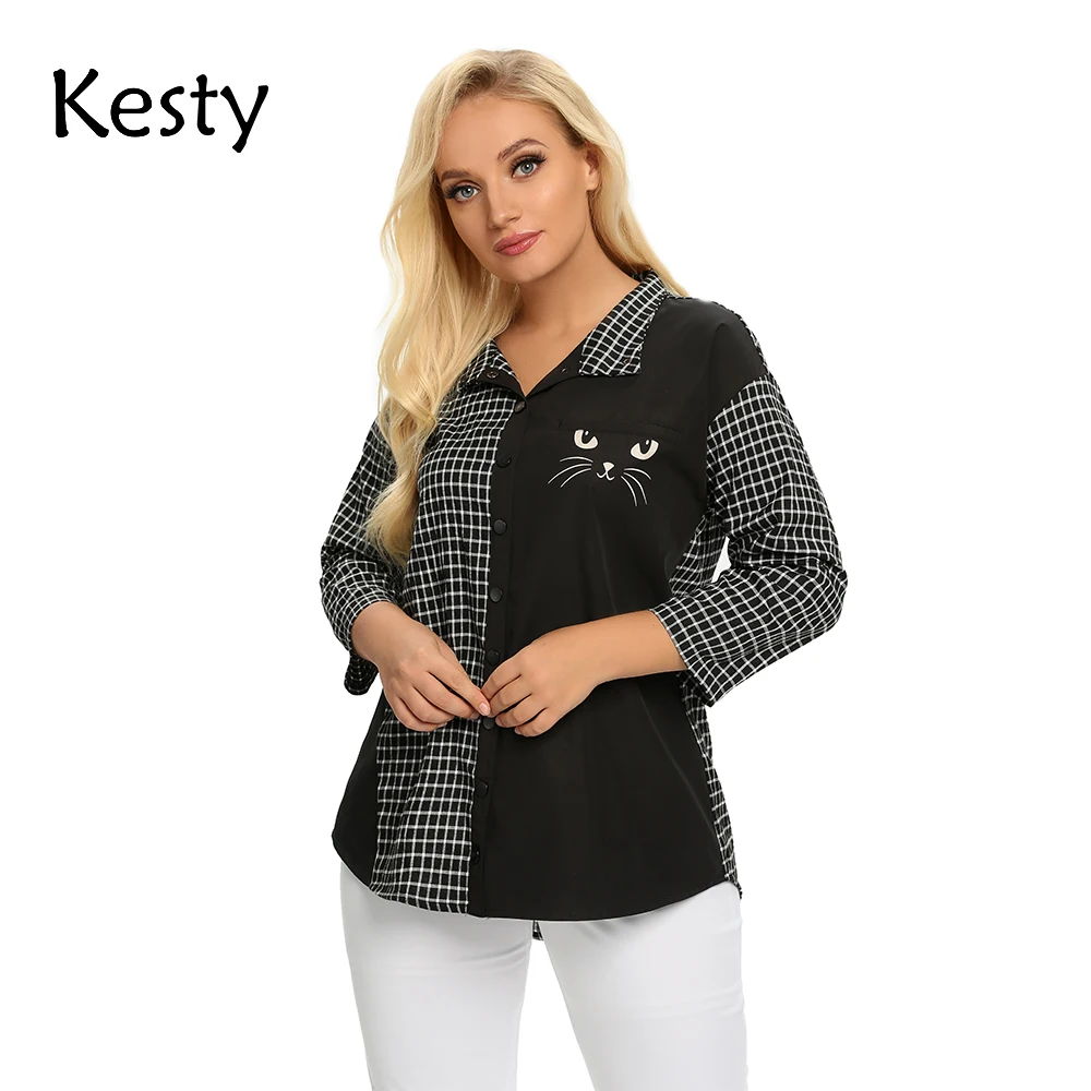 KESTY Women's Plus Size Spring Cotton Plaid Shirt Printed Cat Pattern Lapel 3/4 Sleeve Casual Top