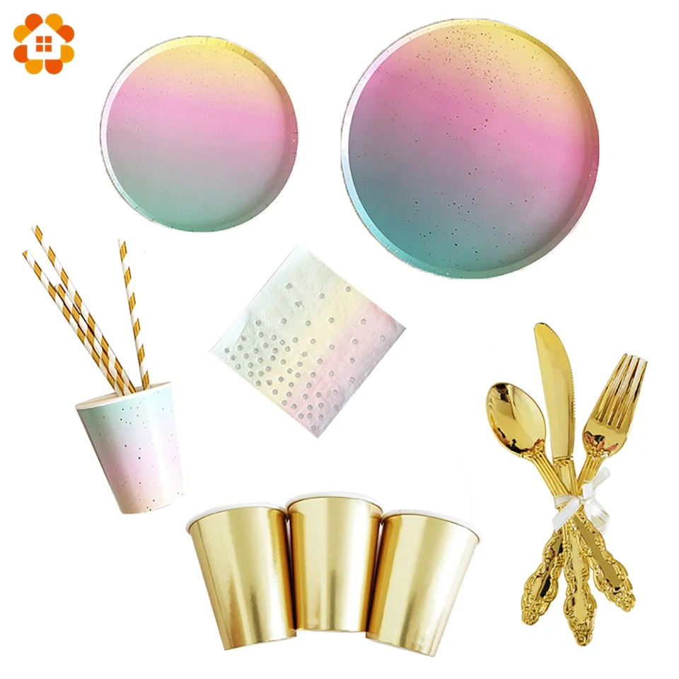 1set Disposable Tableware Rainbow Color Round Flat Paper Cup Paper Towel Party Supplies Birthday Wedding Party Decoration