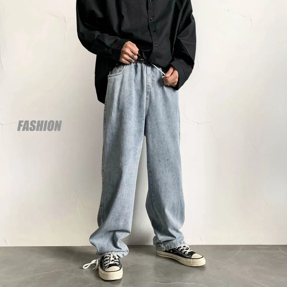 2020 Men's Loose Elastic Waist Black/blue Casual Pants Baggy Homme Stretch Cargo Pocket Jeans Biker Denim Trousers Size S-2XL - Image 2