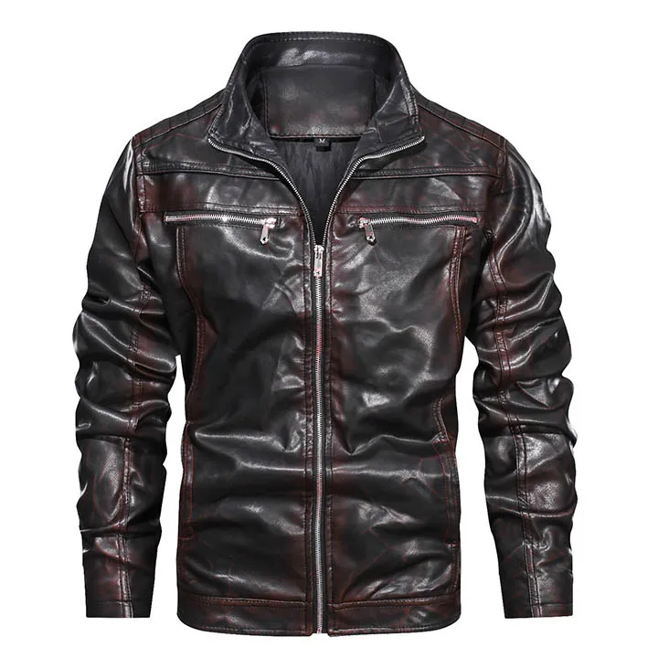 KIOVNO Fashion Men Biker Pu Leather Jackets And Coats Stand Collar Zipper Motorcycle Faux Leather Jackets Outwear For Male - Цвет: Красный