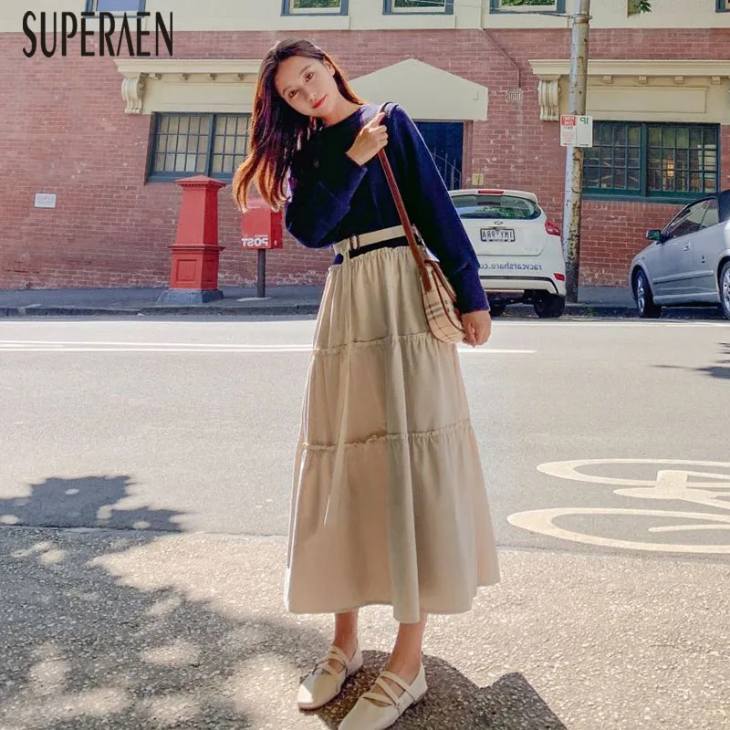 

SuperAen Autumn Korean Style Women Dress New 2019 Fake Two Pieces Cotton Ladies Dress Long Sleeve Casual Women Clothing