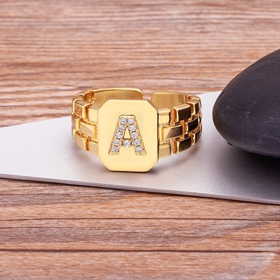 Arrival Fashion Gold Color Initial Ring Open Design Adjustable Hot Sale Watchband Chain A-Z Letters Zircon Rings For Women