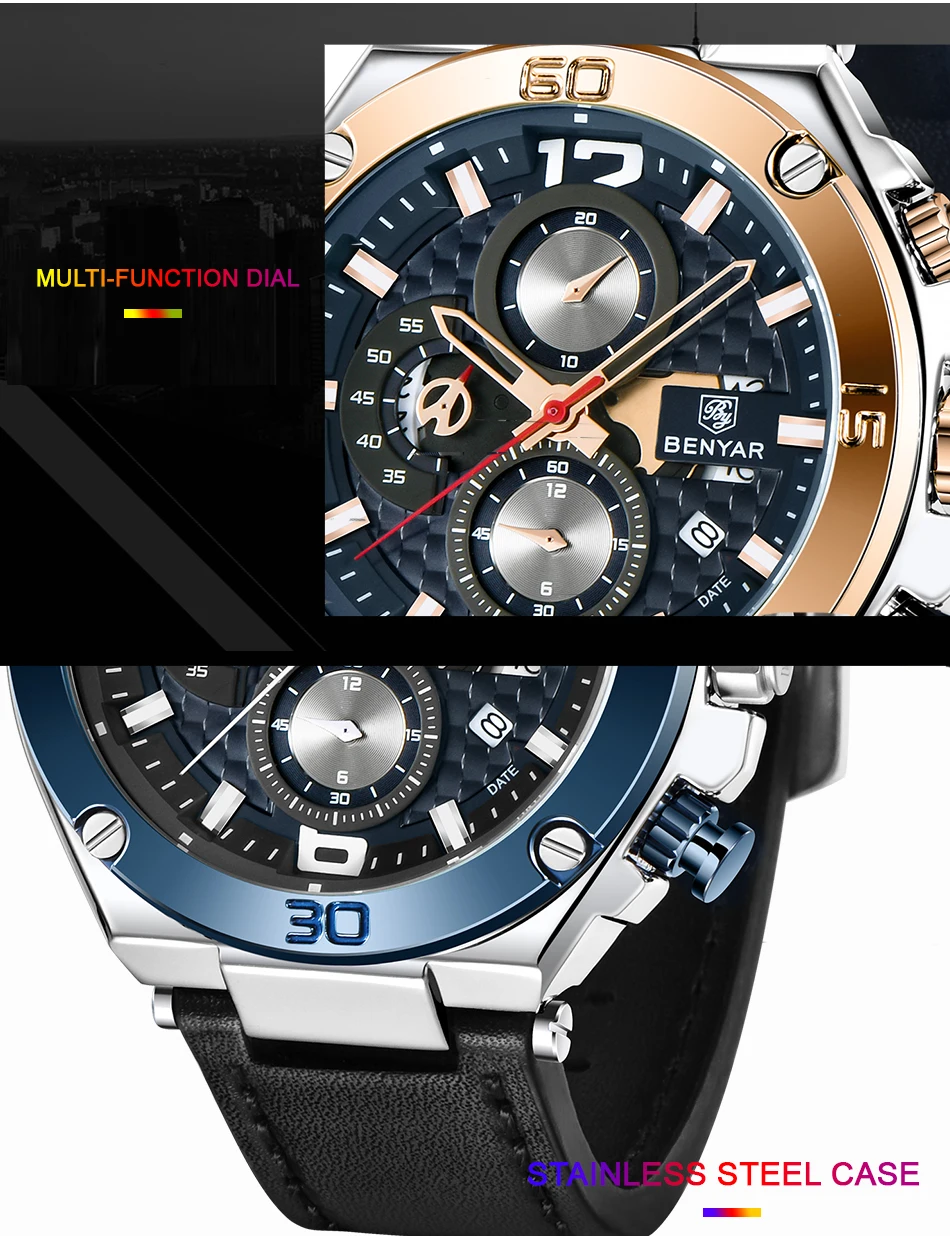 BENYAR Топ люксовый бренд часы мужские аналоговый хронограф кварцевые Кожаный ремешок наручные часы Авто Дата