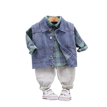 

New Autumn Trendy Children Clothes Baby Boys Girls Cartoon Vest Plaid Shirt Pants Spring Kids Clothing Infant Casual Tracksuit