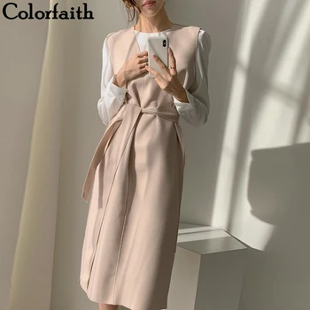 

Colorfaith New 2020 Autumn Spring Women Dresses Sashes Solid Split Straight Knitting Warm Sweater Elegant Office Ladies DR7199