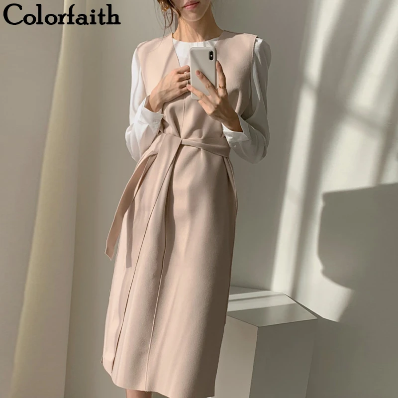 Colorfaith New 2020 Autumn Spring Women Dresses Sashes Solid Split Straight Knitting Warm Sweater Elegant Office Ladies DR7199 Colorfaith New 2020 Autumn Spring Women Dresses Sashes Solid Split Straight Knitting Warm Sweater Elegant Office Ladies DR7199
