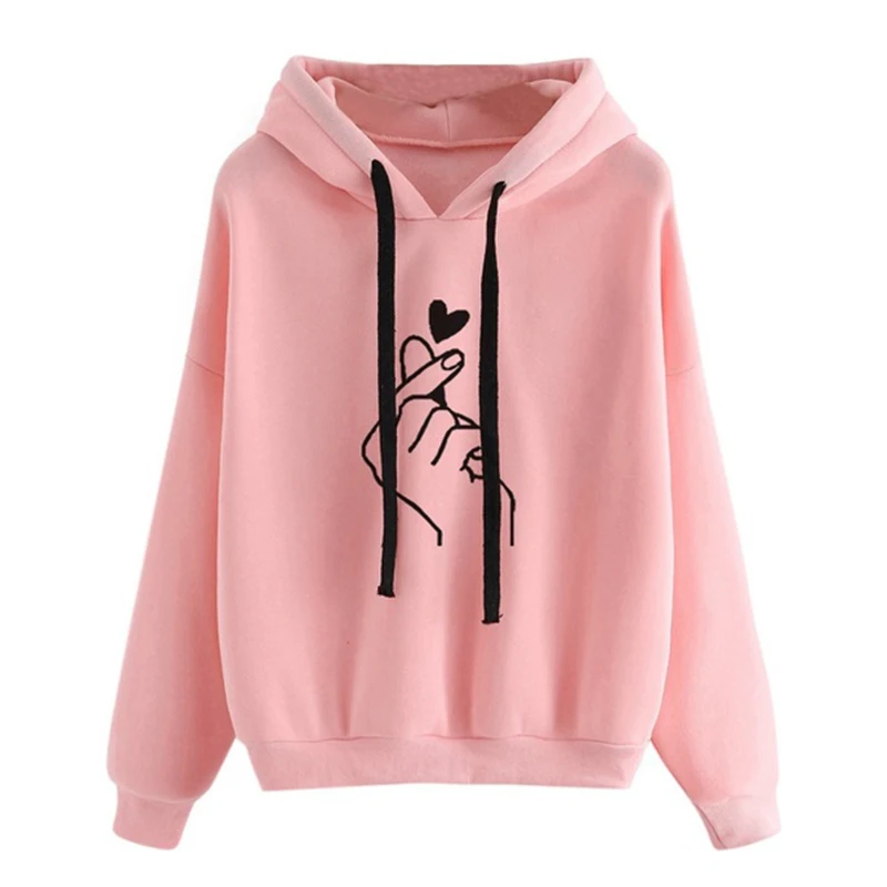 Sweatshirt Hoody Women Pink Ladies Oversize Hoodies Casual Kpop Finger Heart Love Pattern Hooded Sweatshirts Polerones Mujer - Цвет: PINK