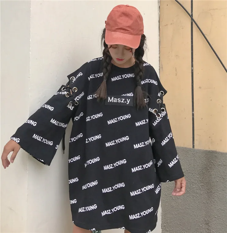 Для фотосессии Harajuku Labuhan Angin Kong-style с принтом букв бандажная ткань с большими рукавами Женская толстовка средней длины