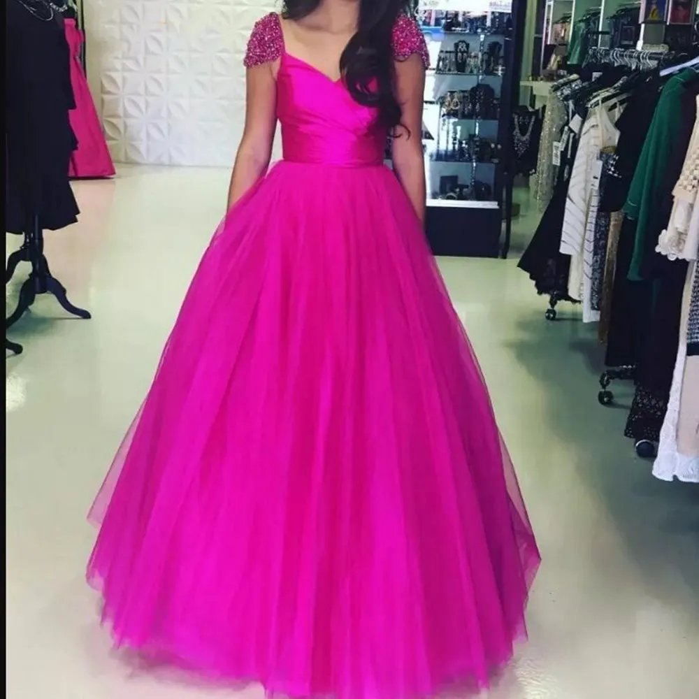 

Pink Prom Dresses V-Neck Cap Sleeve Beaded Tulle Long Evening Gown Princess Prom Dress vestidos de fiesta
