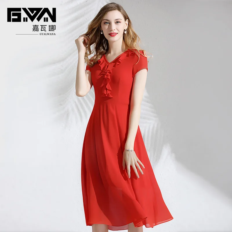 

GYALWANA Brand Orange Chiffon Dress Women Summer Short Sleeve A-line High Quality Chiffon Mid Dresses with ruffles