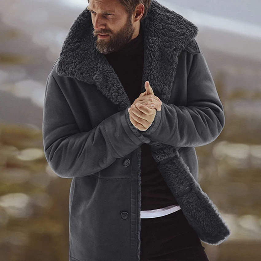 Мужская Толстая теплая зимняя куртка на пуговицах с отложным воротником винтажное однотонное пальто Верхняя одежда ветрозащитная жилетка из флиса Мужские парки одежда - Цвет: gray