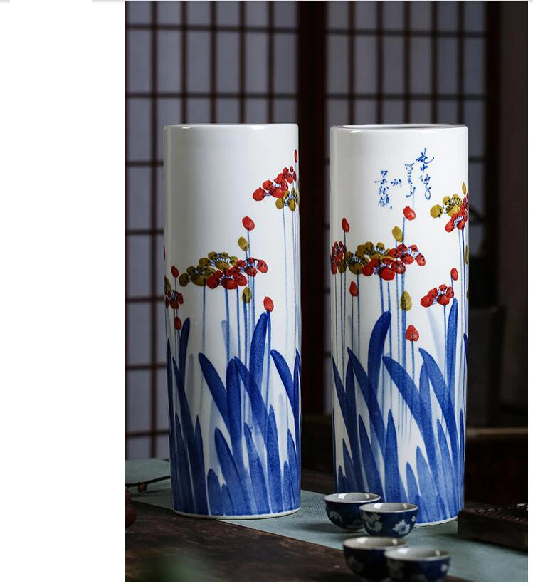 Chinese Jingdezhen Ceramic Tube Rich Bamboo Vase Flower Arrangement Livingroom Home Figurines Craft Office Furnishing Decoration