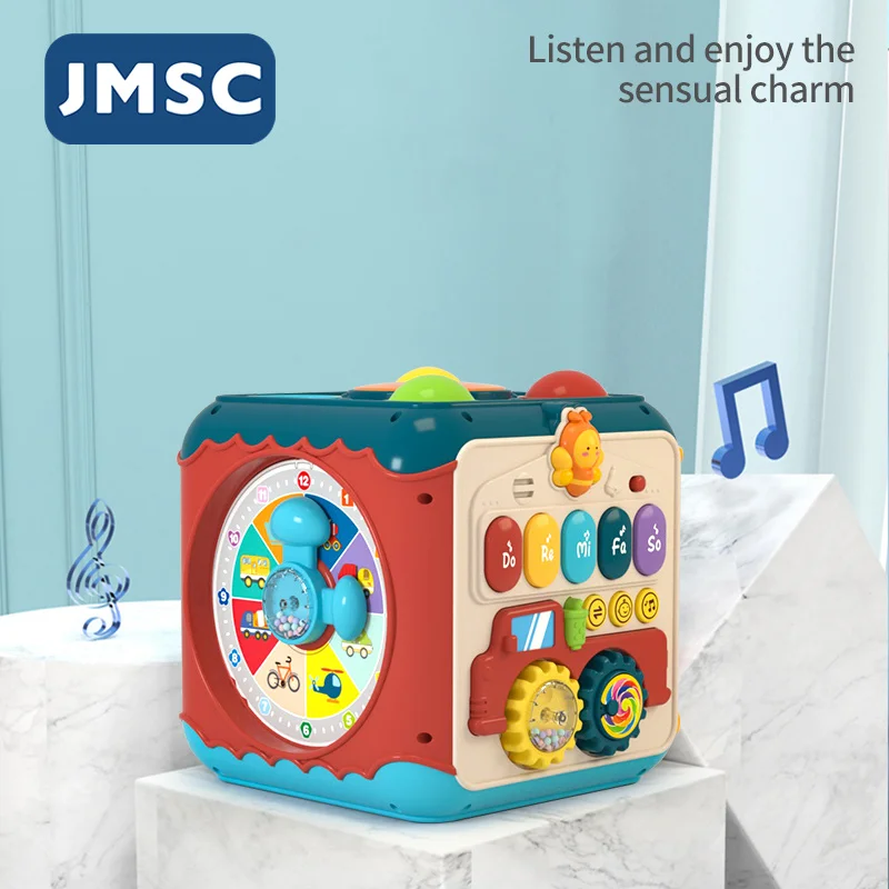 JMSC 6+1 Sided Activity Box Music Early Educational Turn Bead Gear Drum Block Sports City Montessori Toys Animals Forest Smart