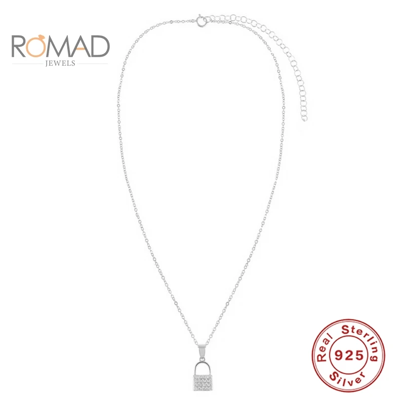 

ROMAD Real 925 Sterling Silver Necklace for Women ins Diamond Lock Necklace Cadena De Plata 925 Para Mujer