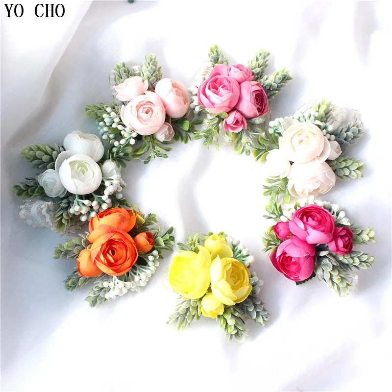 Yo Cho Fiori Artificiali Corsage Polso Braccialetto Per Gli Uomini Da Sposa Boutonniere Di Cerimonia Nuziale Corpetto Spilli Di Seta Rosa Matrimonio S