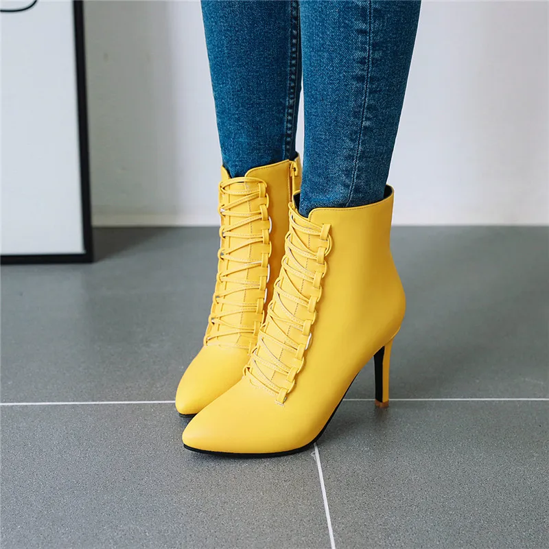

2019 Fashion Cross Strap Stiletto Sexy Womens Shoes Yellow White Pointed Toe Thin High Heels Wedding Party Ankle Boots