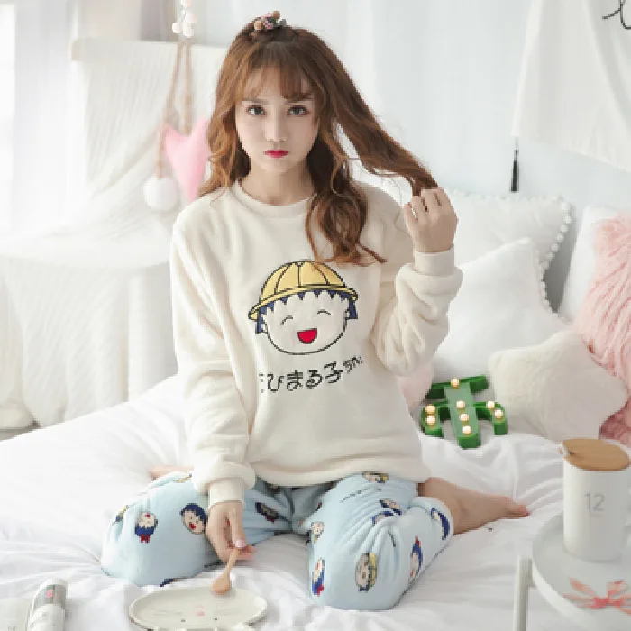 

Cute Cartoon Students Thick Flannel Pajamas Women's Autumn & Winter plus Velvet Warm Coral Velvet Pajamas Women's Winter Set